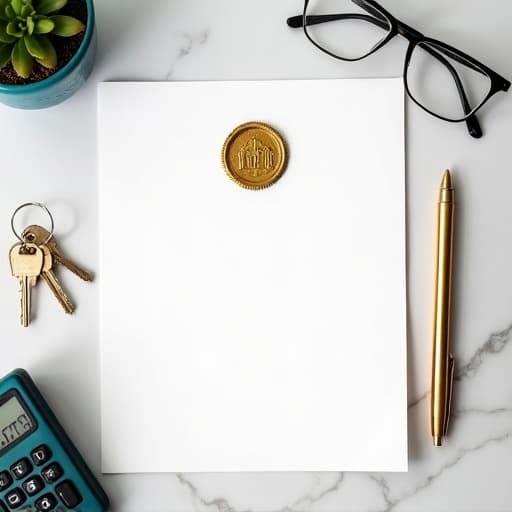 Overhead view of a closing table with deed, keys, and gold pen