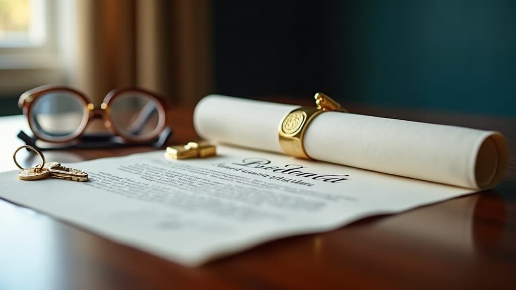 Deed with gold seal and house keys on a polished closing table